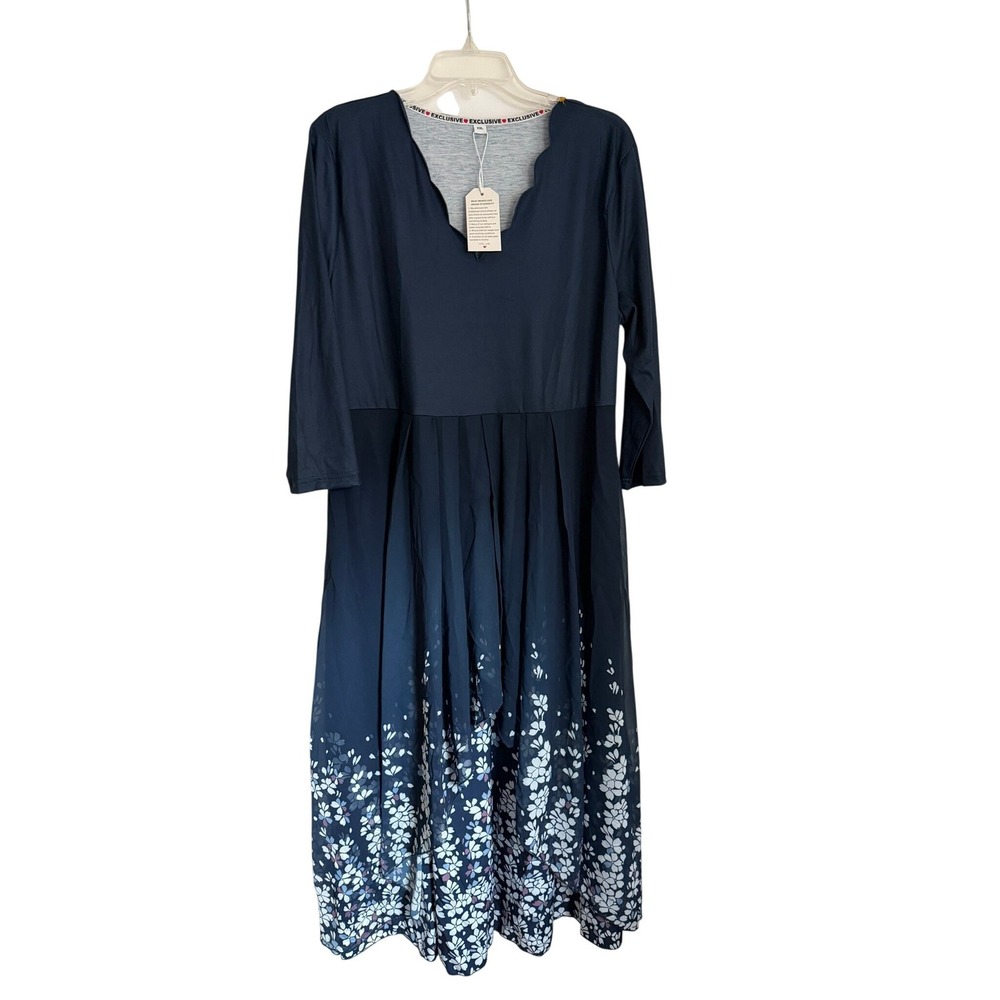 NoraCora Navy Blue Floral Border Print Scalloped V-Neck Midi Dress XXL NEW